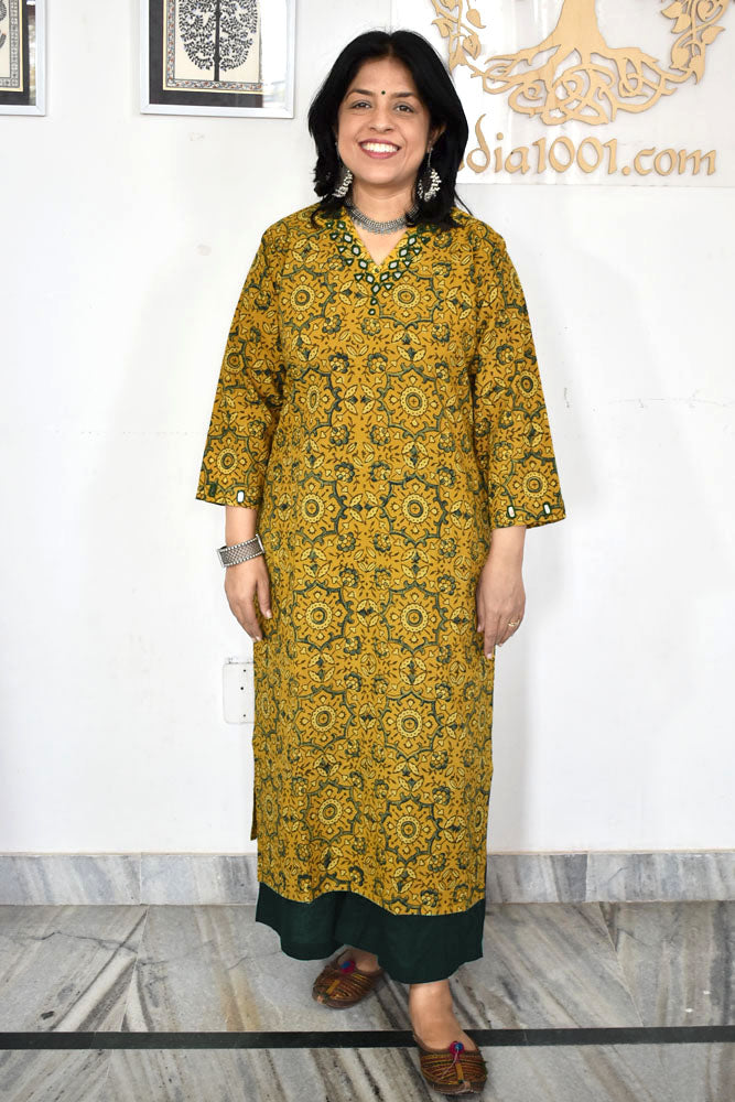 Beautiful Hand Block Printed Ajrakh cotton kurta with Kutch Mirror work , Size 38 to 50 ( all sizes)