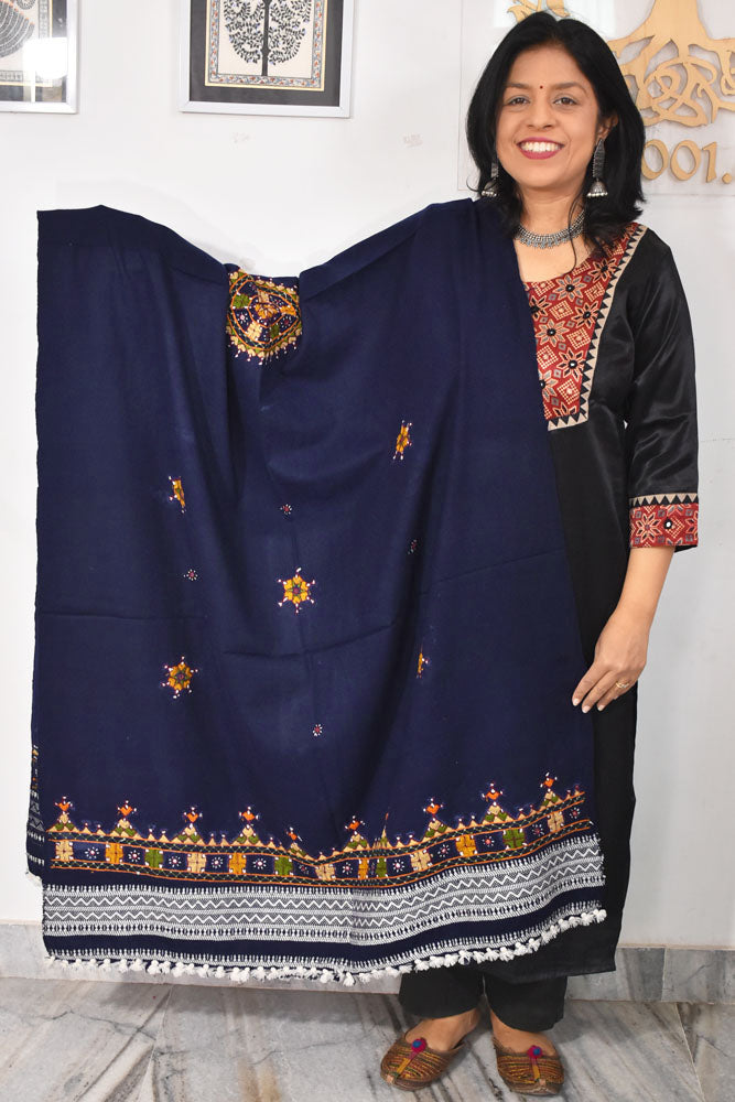 Handwoven Bhujodi Intricate Hand Embroidery & Hand  Mirror Work Woolen  Shawl