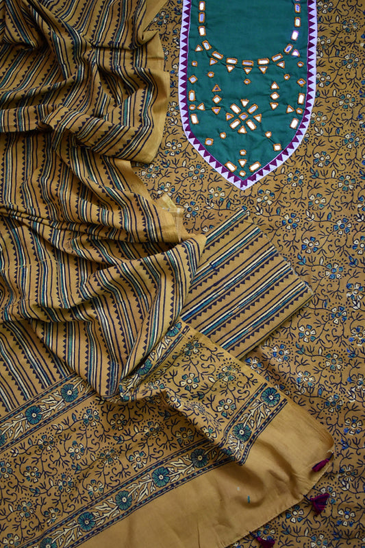 Hand Block Print Ajrakh Cotton Suit with designer brush paint &  Kutch Mirror work