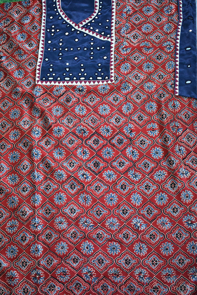 Designer Ajrakh Mashru Kurta Fabric with Kutch Mirror Work patch