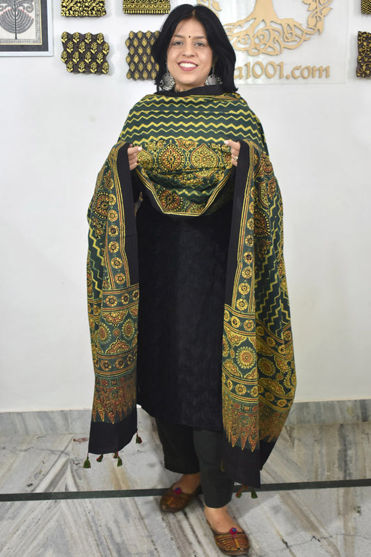 Ajrakh Hand Block Printed Cotton Dupatta with Tassels & natural dyes