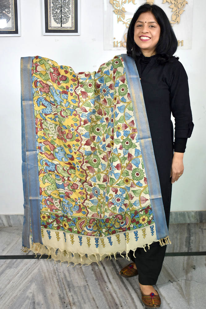 Beautiful Bangalore Cotton Silk Hand Painted Kalamkari Dupatta