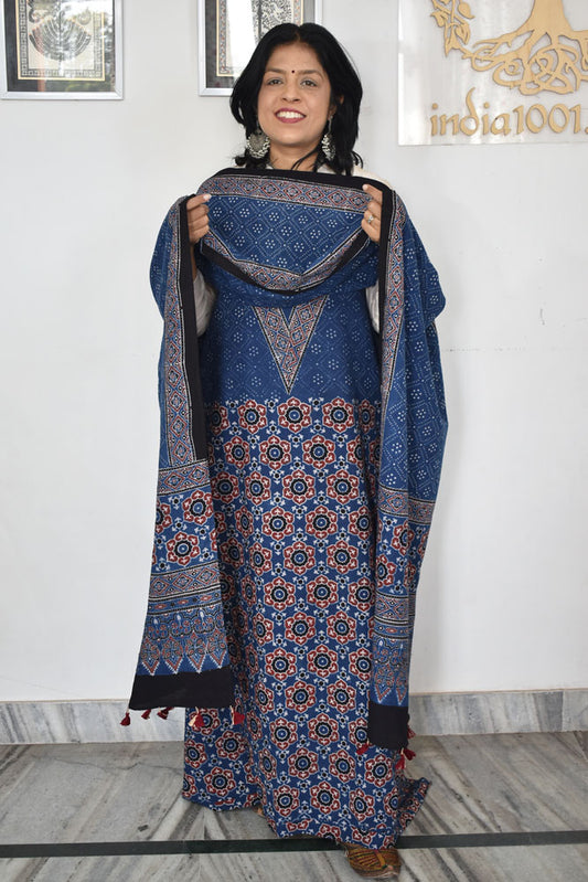 Block Print Ajrakh Cotton Suit with designer Ajrakh neck yoke /panel & Long Stole