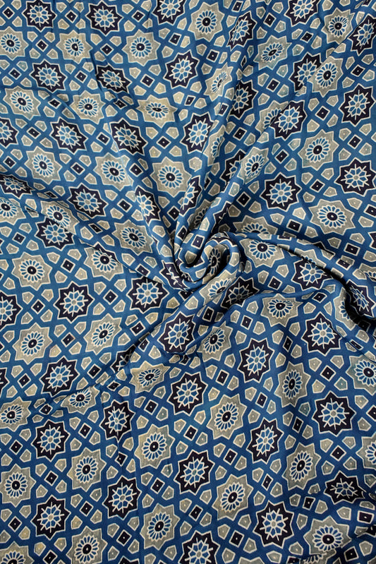 Beautiful Modal Silk Ajrakh Hand Block Print Fabric - 2.5 mtrs cut