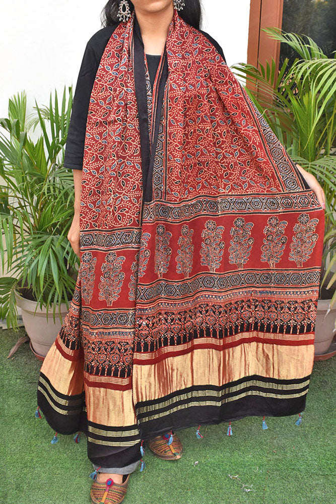 Beautiful Ajrakh Modal Silk Hand block Printed Stole with lagdi patta