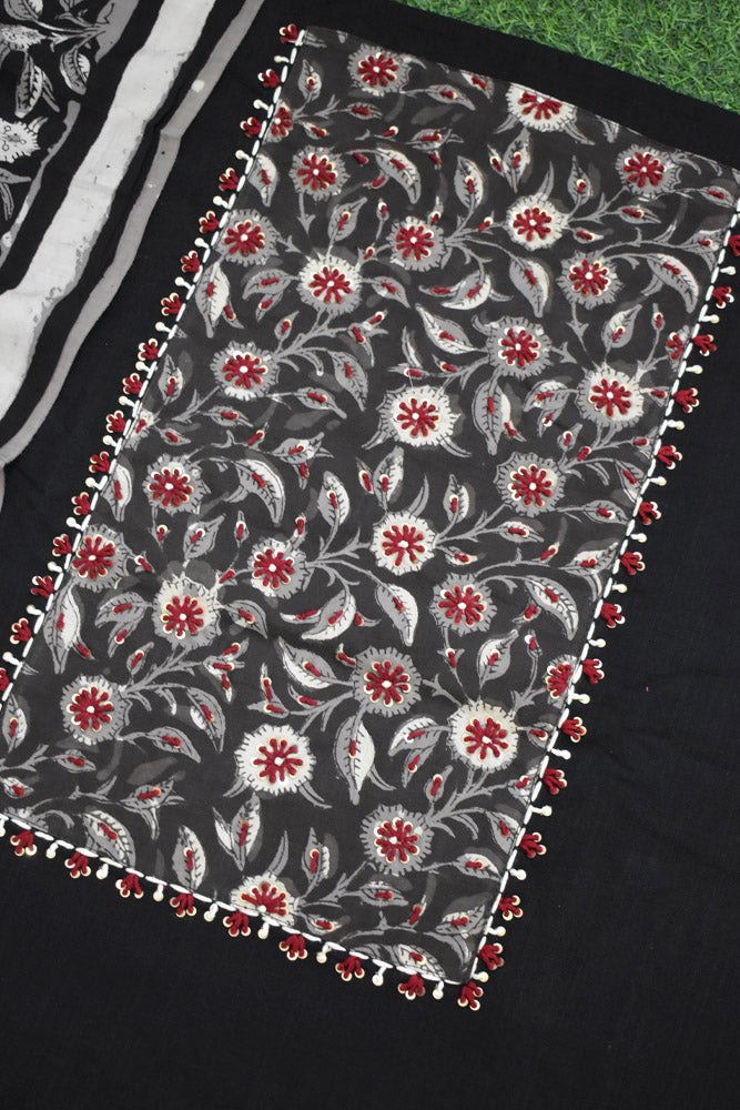 Beautiful  Cotton Unstitched Suit with Neck patch, Intricate Hand Embroidery & Block print Muslin dupatta