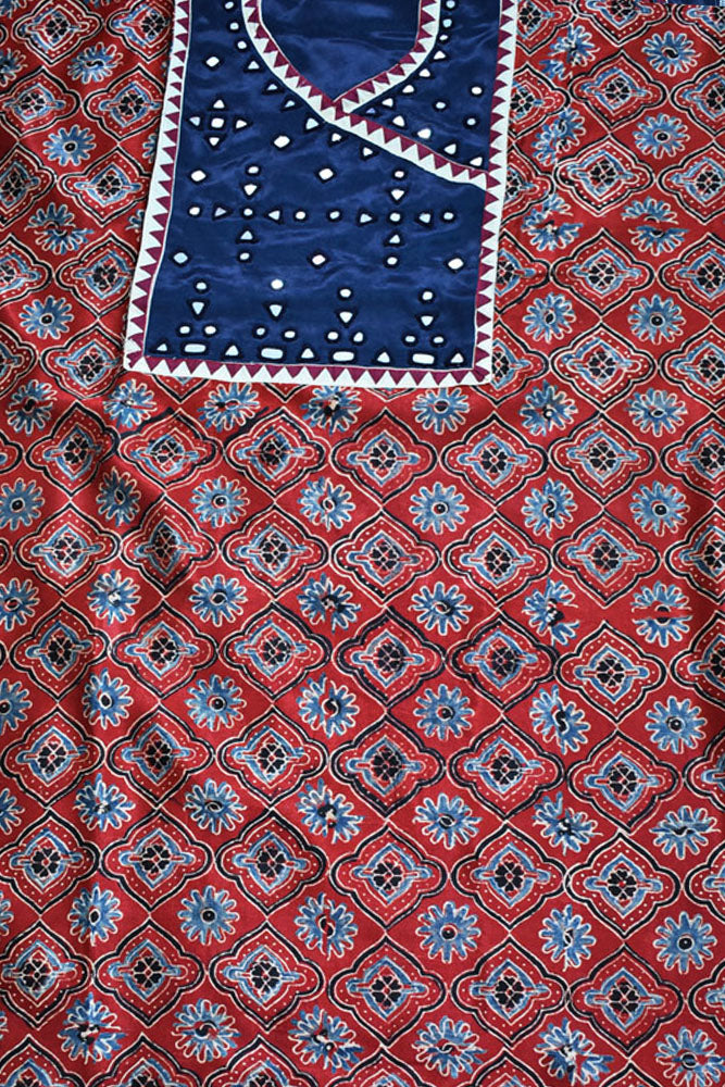 Designer Ajrakh Mashru Kurta Fabric with Kutch Mirror Work patch