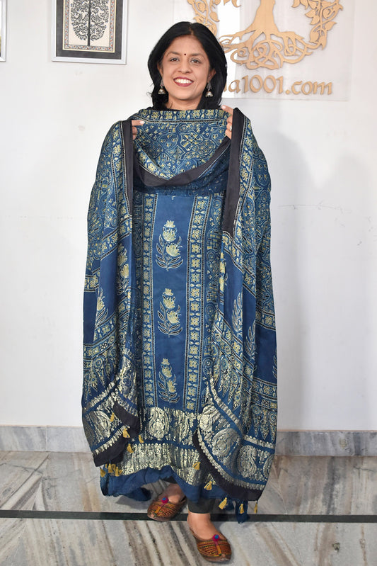 Designer Ajrakh Modal Silk kurta &  dupatta  set with Nakkshi palla