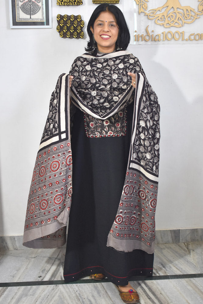 Beautiful  Cotton Unstitched Suit with Neck patch, Intricate Hand Embroidery & Block print Muslin dupatta