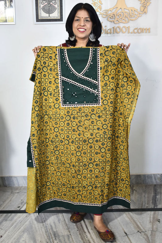 Designer Ajrakh Cotton Kurta Fabric with Kutch Mirror Work patch