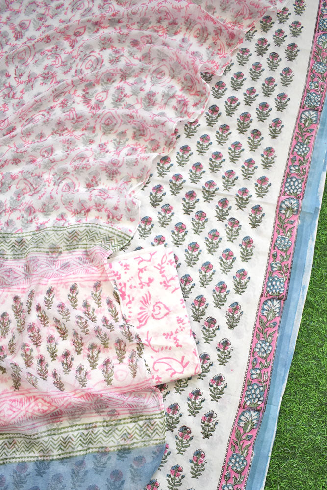 Hand Block Printed Cotton unstitched suit fabric with Chiffon dupatta