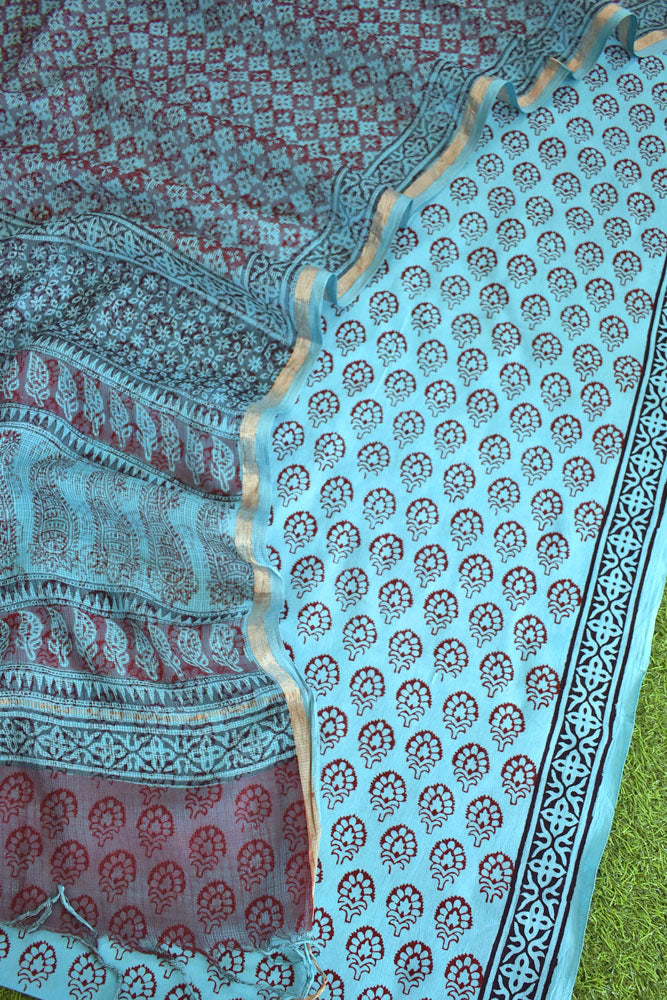 Classic Bagh Block Printed unstitched suit fabric with Kota Doria dupatta