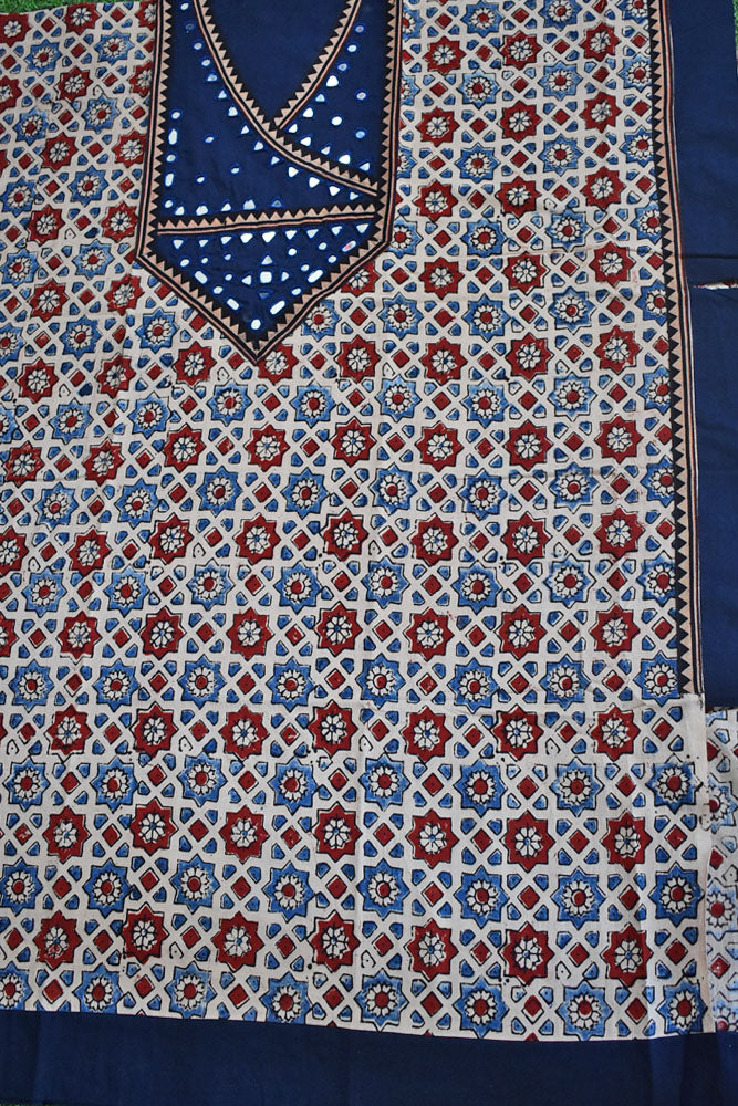 Designer Ajrakh Cotton Short Kurta Fabric with Kutch Mirror Work patch