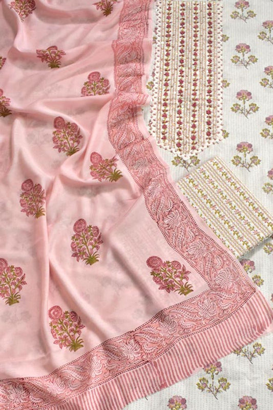 Beautiful  Cotton Unstitched Suit with Neck patch, Intricate Hand Embroidery & Block print Muslin dupatta