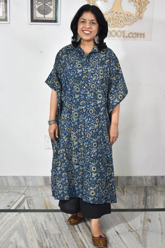 Beautiful Hand Block Printed Ajrakh Kaftan, Can fit till size 48