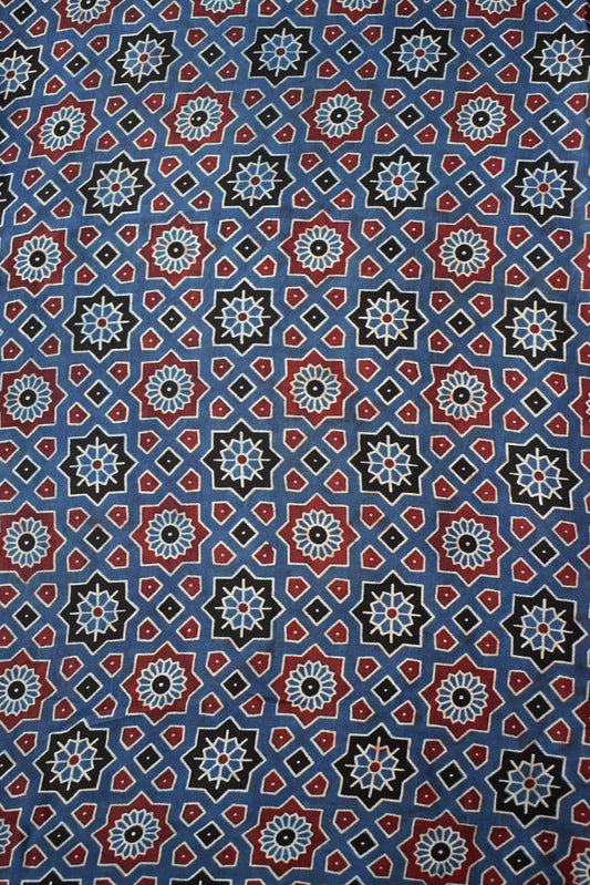 Beautiful Modal Silk Ajrakh Hand Block Print Fabric - 2.5 mtrs cut