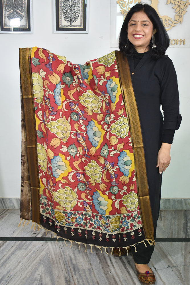 Beautiful Bangalore Cotton Silk Hand Painted Kalamkari Dupatta