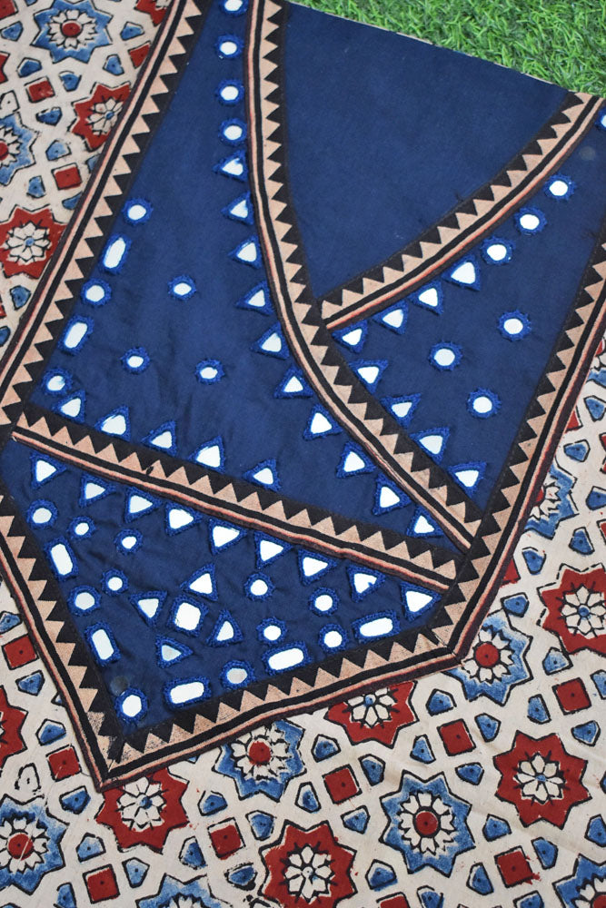 Designer Ajrakh Cotton Short Kurta Fabric with Kutch Mirror Work patch