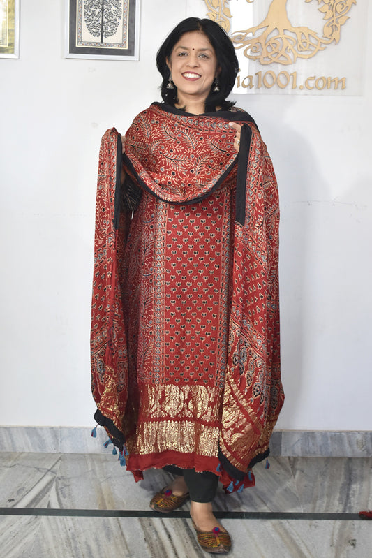 Designer Ajrakh Modal Silk kurta &  dupatta  set with Nakkshi palla