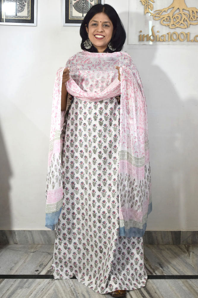 Hand Block Printed Cotton unstitched suit fabric with Chiffon dupatta