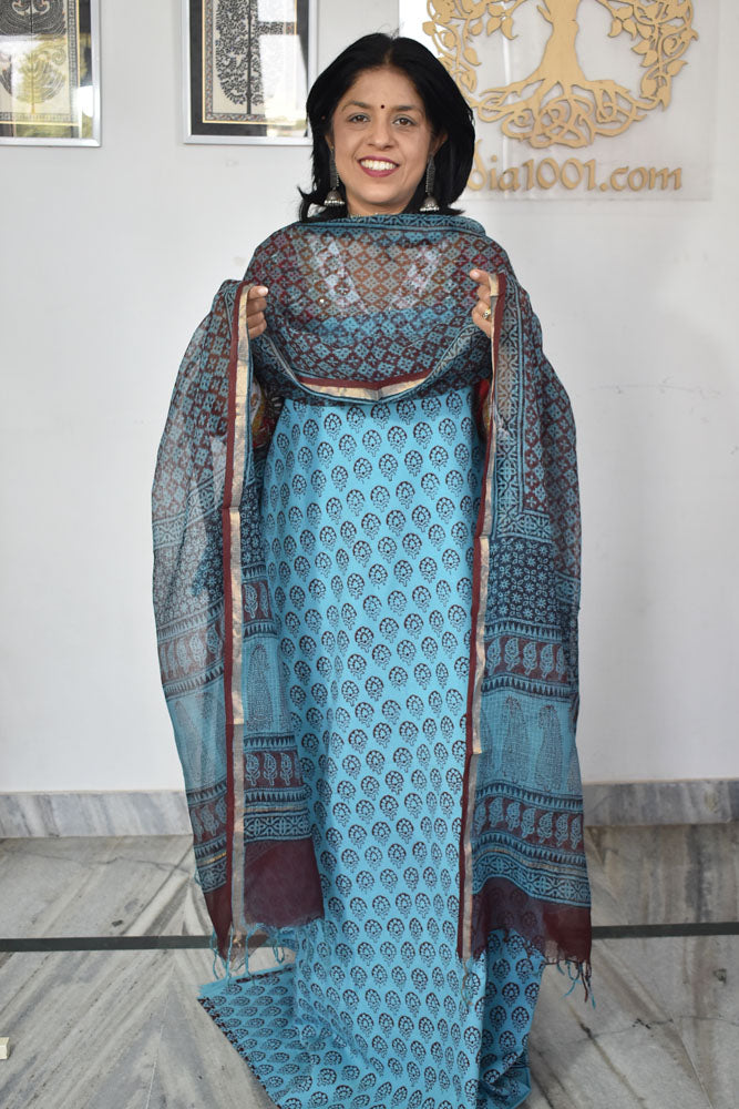 Classic Bagh Block Printed unstitched suit fabric with Kota Doria dupatta