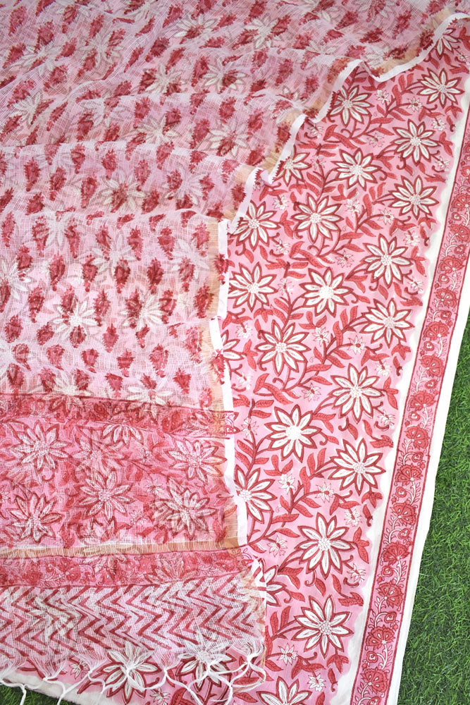 Beautiful Hand Block Printed Cotton unstitched suit fabric with Kota Doria Dupatta