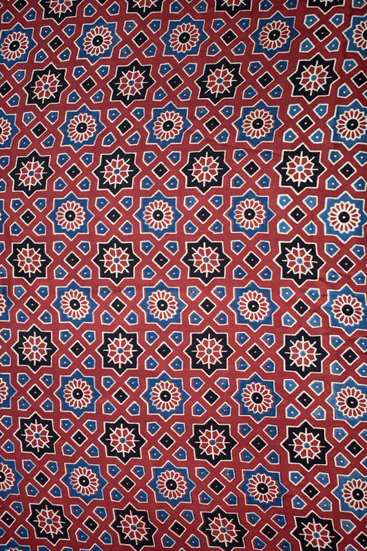 Beautiful Modal Silk Ajrakh Hand Block Print Fabric - 2.5 mtrs cut