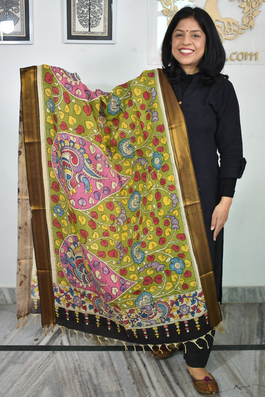 Beautiful Bangalore Cotton Silk Hand Painted Kalamkari Dupatta