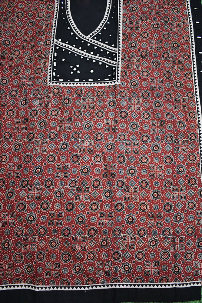 Designer Ajrakh Cotton Kurta Fabric with Kutch Mirror Work patch