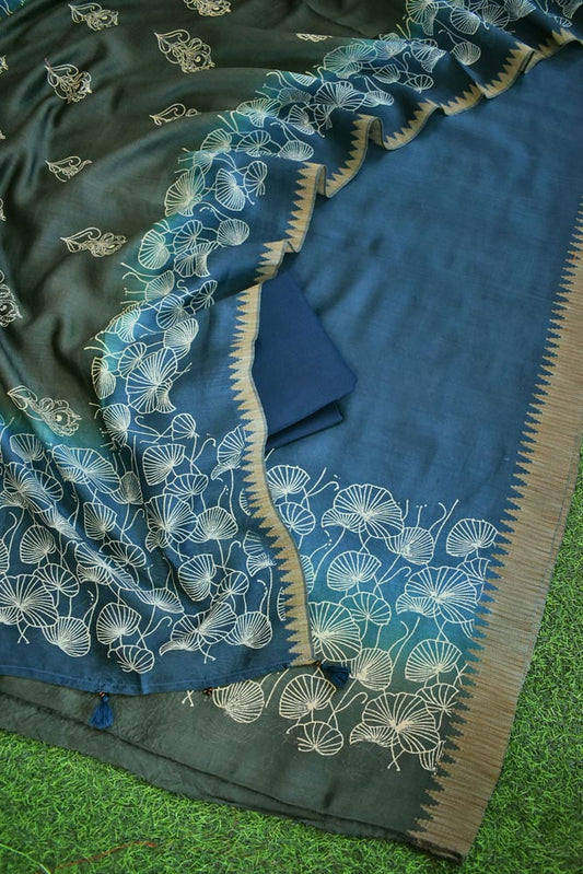 Beautiful Hand Block Printed Maheshwari Silk Cotton Unstitched suit fabric with Geecha borders