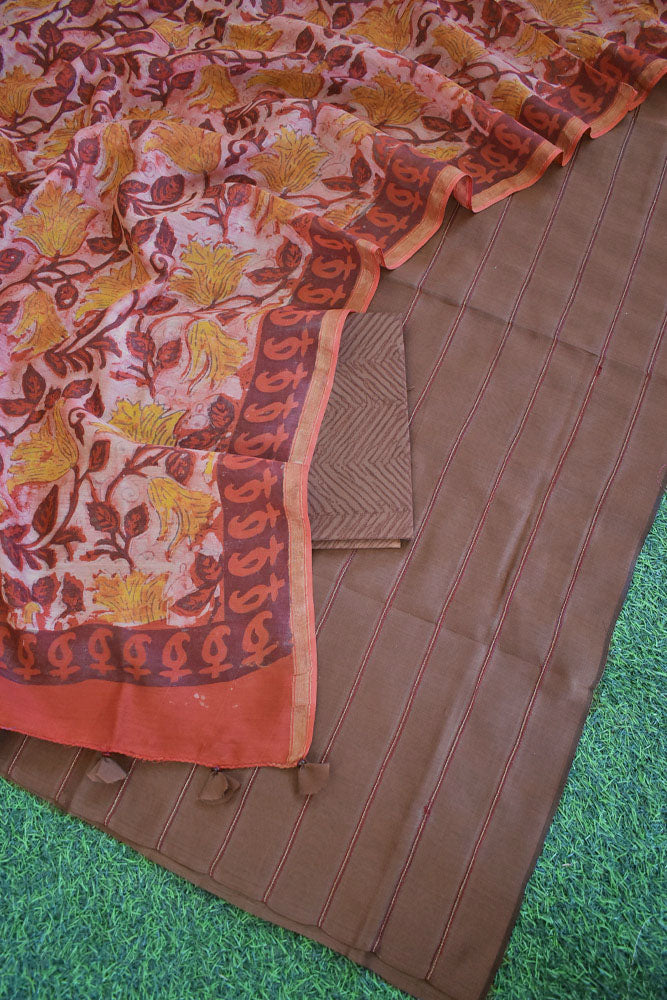 Elegant Chanderi & Cotton Unstitched Suit with Vanaspati Ajrakh  Block print dupatta