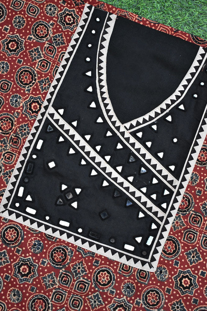 Designer Ajrakh Cotton Kurta Fabric with Kutch Mirror Work patch