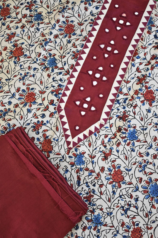 Designer Ajrakh Mashru Kurta Fabric with Kutch Mirror Work patch & Plain Mashru pant fabric