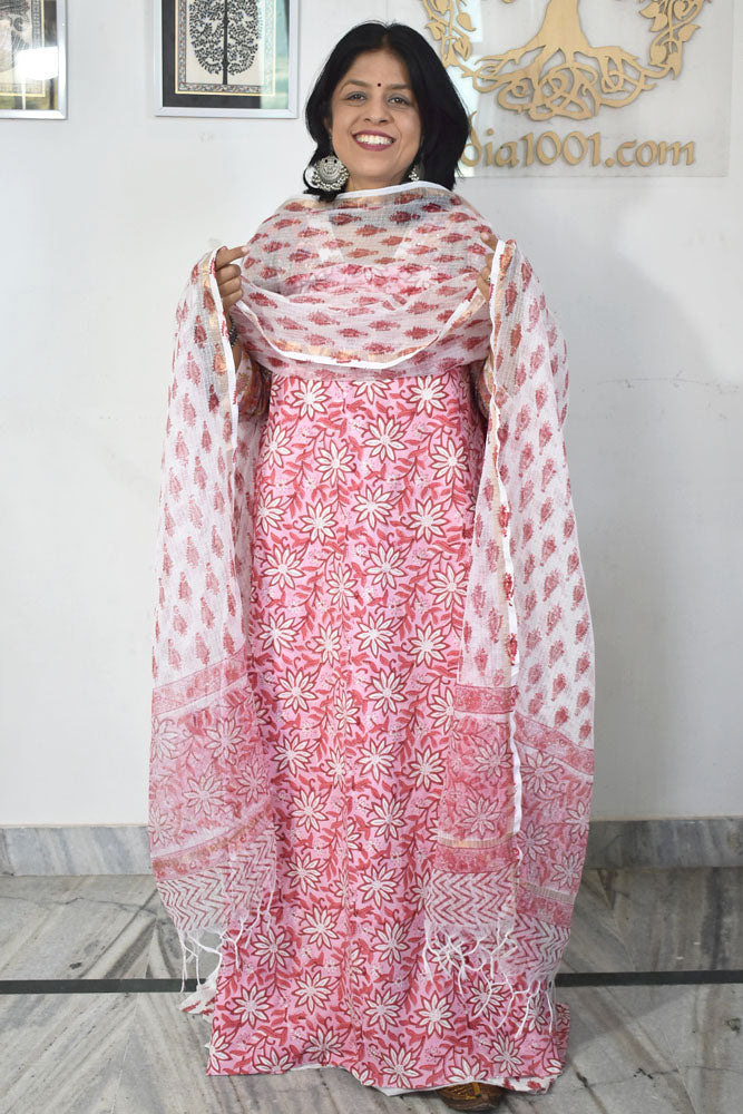 Beautiful Hand Block Printed Cotton unstitched suit fabric with Kota Doria Dupatta