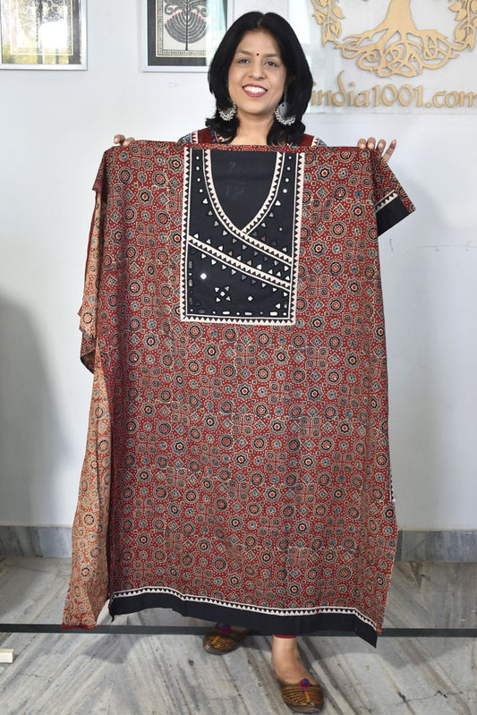 Designer Ajrakh Cotton Kurta Fabric with Kutch Mirror Work patch