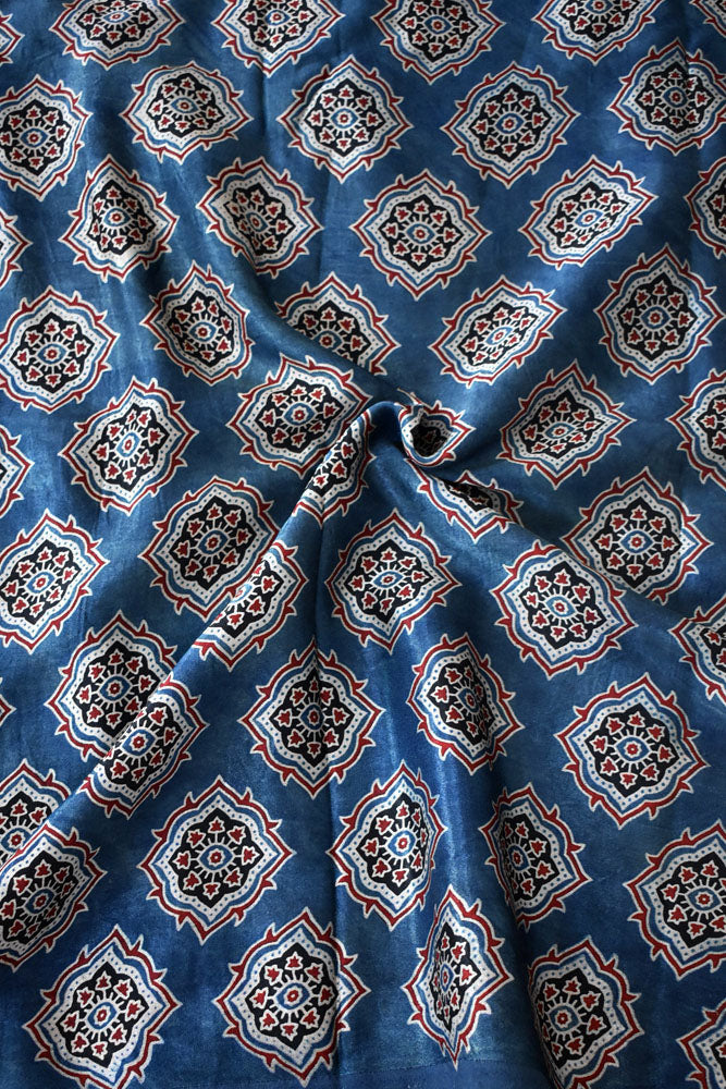 Hand Block printed Ajrakh Mashru silk fabric- Length : 2.5 mtrs & 3 mtr option