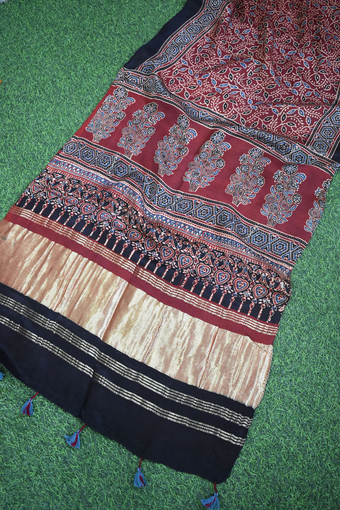 Beautiful Ajrakh Modal Silk Hand block Printed Stole with lagdi patta