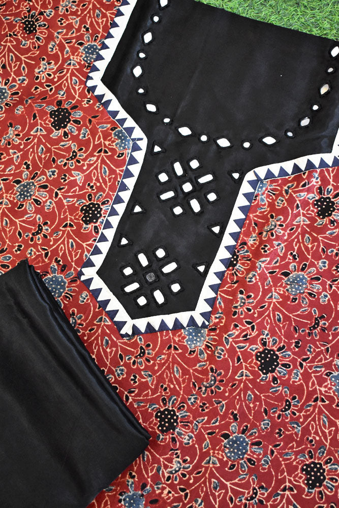 Designer Ajrakh Mashru Kurta Fabric with Kutch Mirror Work patch & Plain Mashru pant fabric