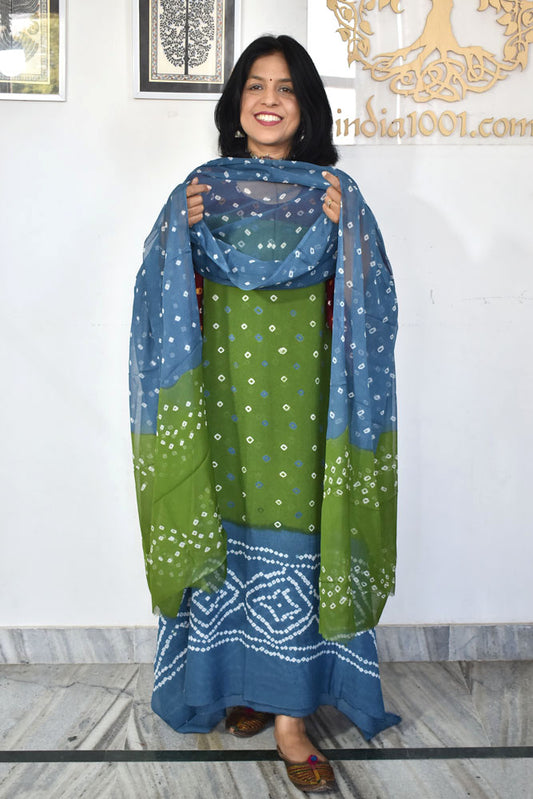 Hand Tie & Dye Bandhani Chinon suit with Chiffon dupatta