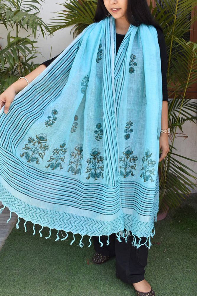 Elegant Hand Block Printed Pure Linen dupatta