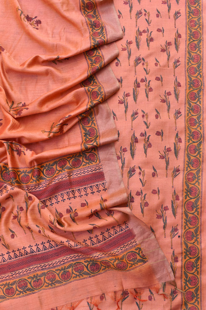 Elegant Hand Block printed Moonga Tussar Silk Kurta Dupatta Set