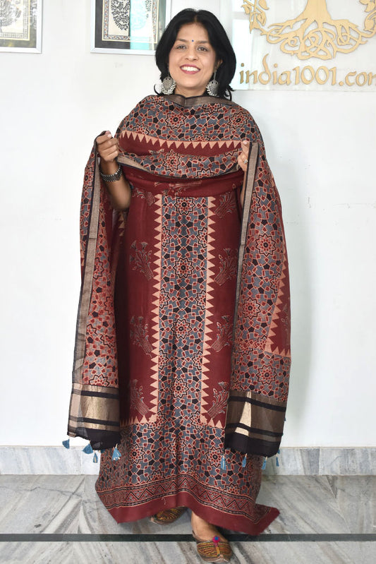 Beautiful Hand Block printed Kutch Ajrakh Chanderi Kurta and Lagdi patta dupatta set