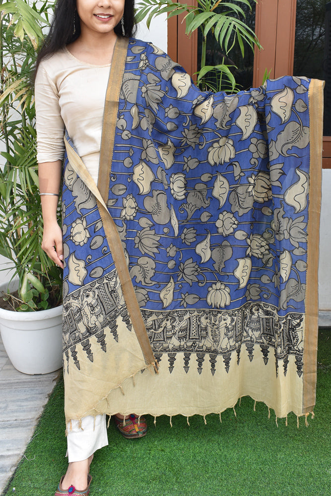 Beautiful Bangalore Cotton Silk Hand Painted Kalamkari Dupatta