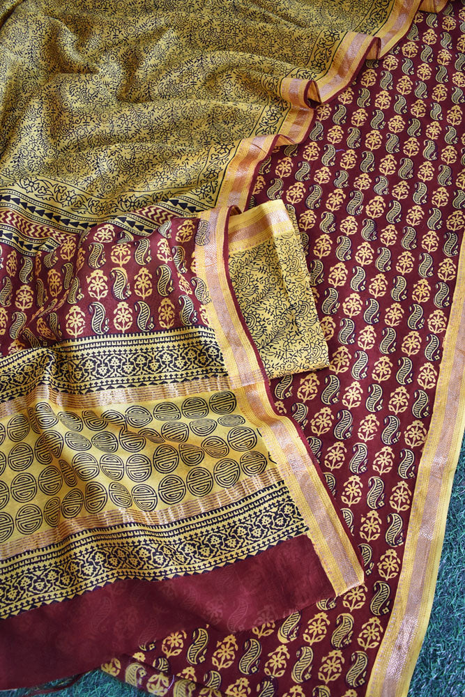 Bagh Hand Block Printed unstitched 3 pcs Maheshwari suit fabric with Placement block print & Zari borders from MP