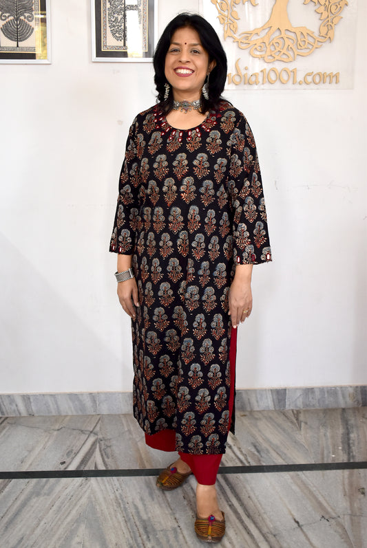 Beautiful Hand Block Printed Ajrakh Cotton kurta with Kutch Mirror work , Size 38 to 50 ( all sizes)