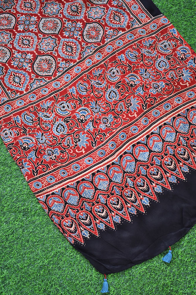 Beautiful Hand Block Printed Ajrakh Modal Silk stole with Tassels