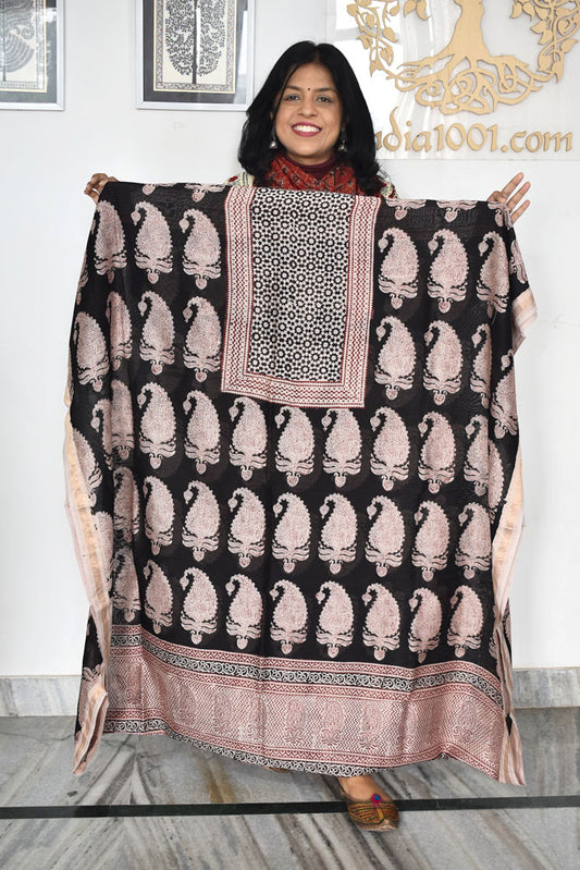 Handwoven Maheshwari kurta fabric with Bagh Hand block print