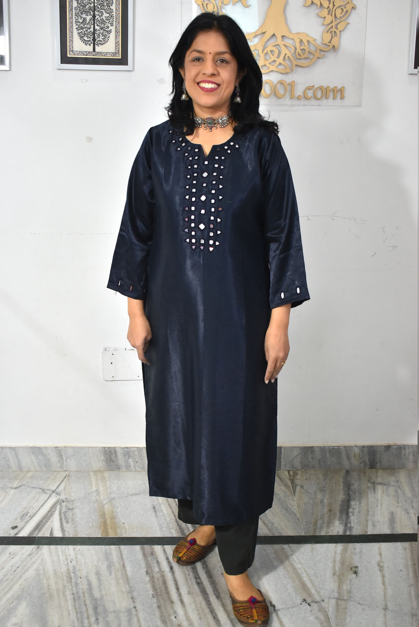 Beautiful Mashru Silk Kurta with Kutch mirror work , Size 38 to 50 ( all sizes) - Deep blue