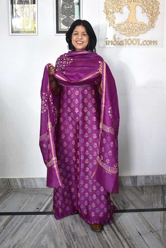 Fine & Elegant  Hand Block Printed Chanderi Silk Cotton unstitched suit fabric