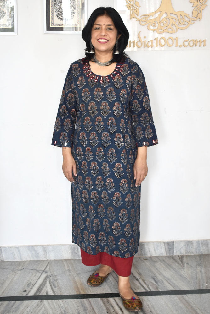 Beautiful Hand Block Printed Ajrakh Cotton kurta with Kutch Mirror work , Size 38 to 50 ( all sizes)